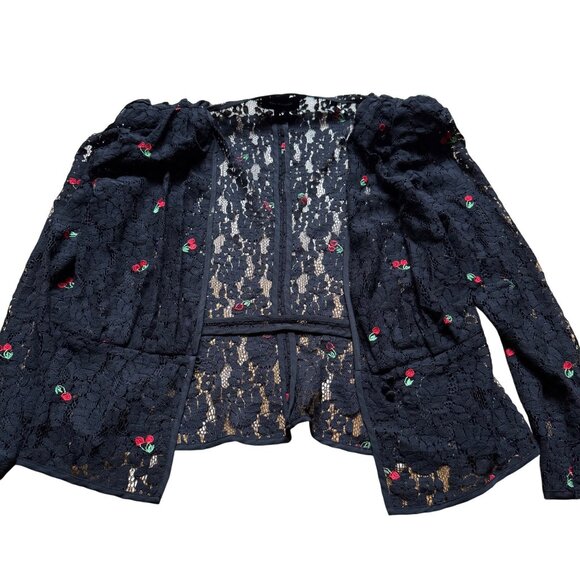 The Kooples Size S Black Lace Cherry Embroidered Puff Sleeve Blouse Jacket - Picture 1 of 14